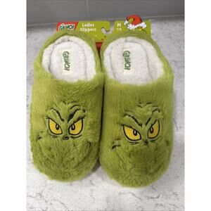 GRINCH Ladies Med 7/8 FAUX FUR Memory Foam Hood Back Slippers House Shoes NEW